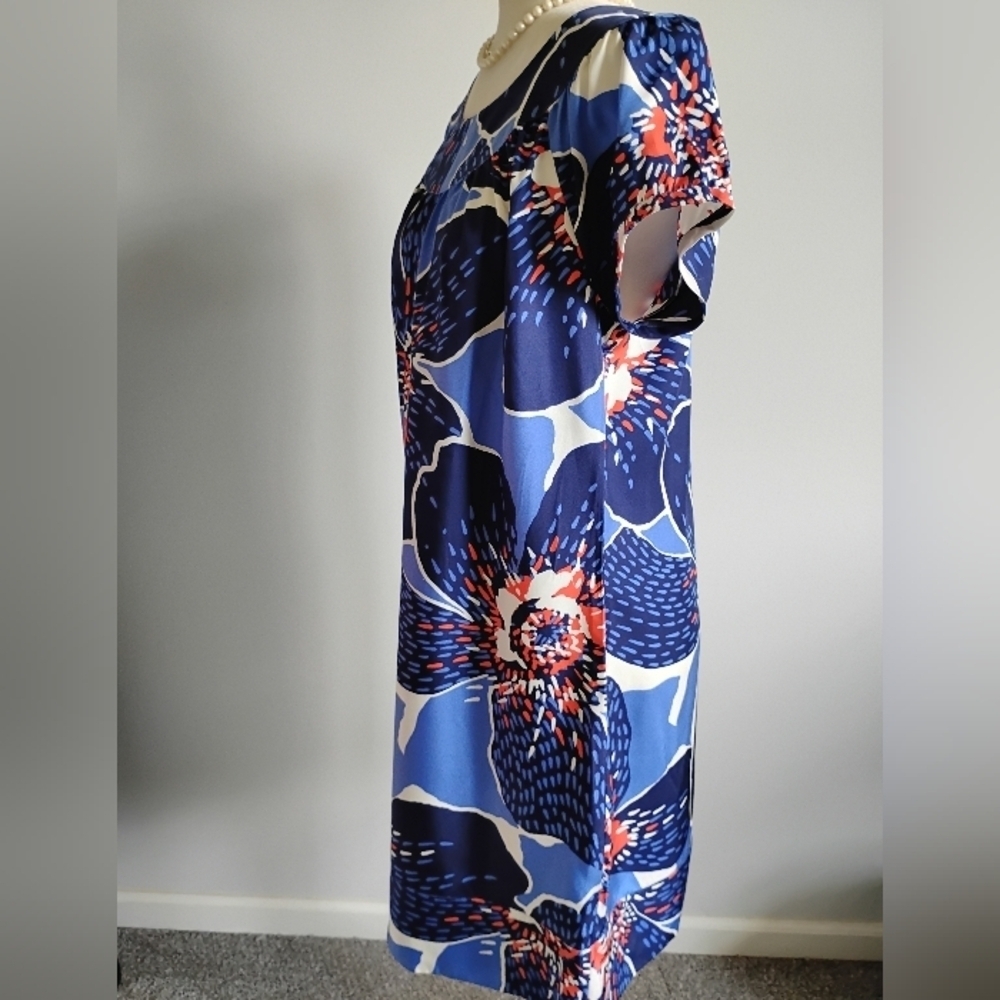 Victor Alfaro 100% Silk Navy Blue Floral Shift Dress Colorful Day Evening Sz 10 - Picture 7 of 16